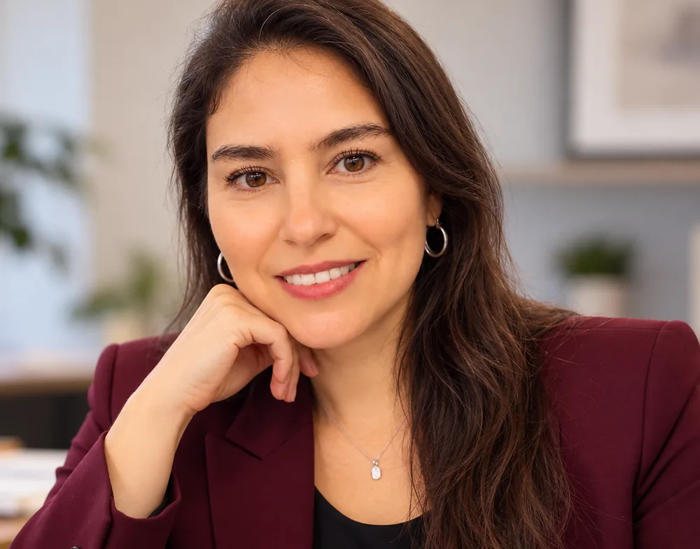 Solange Garay Aravena con chaqueta burdeo, en actitud de escucha
